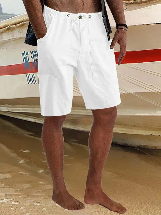 Men's White Cotton Linen Blend Drawstring Casual Beach Shorts with Pockets