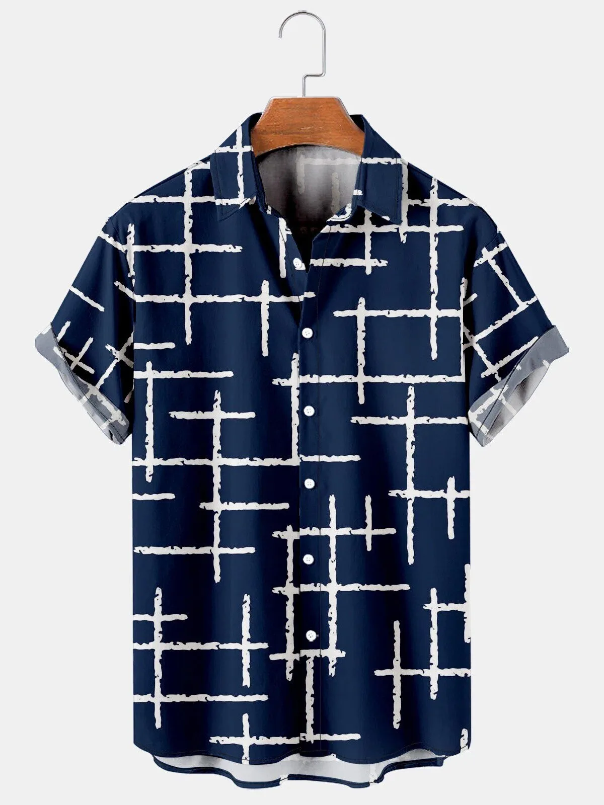 Navy Blue Geometric Grid Pattern Short Sleeve Button Down Hawaiian Shirt