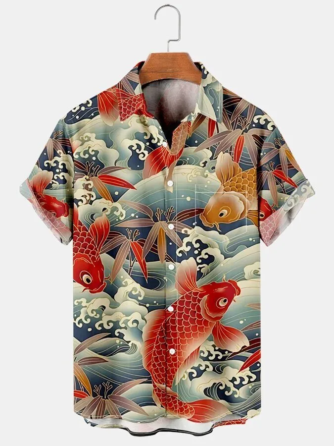 Vintage Japanese Koi Fish Ocean Creatures Print Short Sleeve Hawaiian Shirt