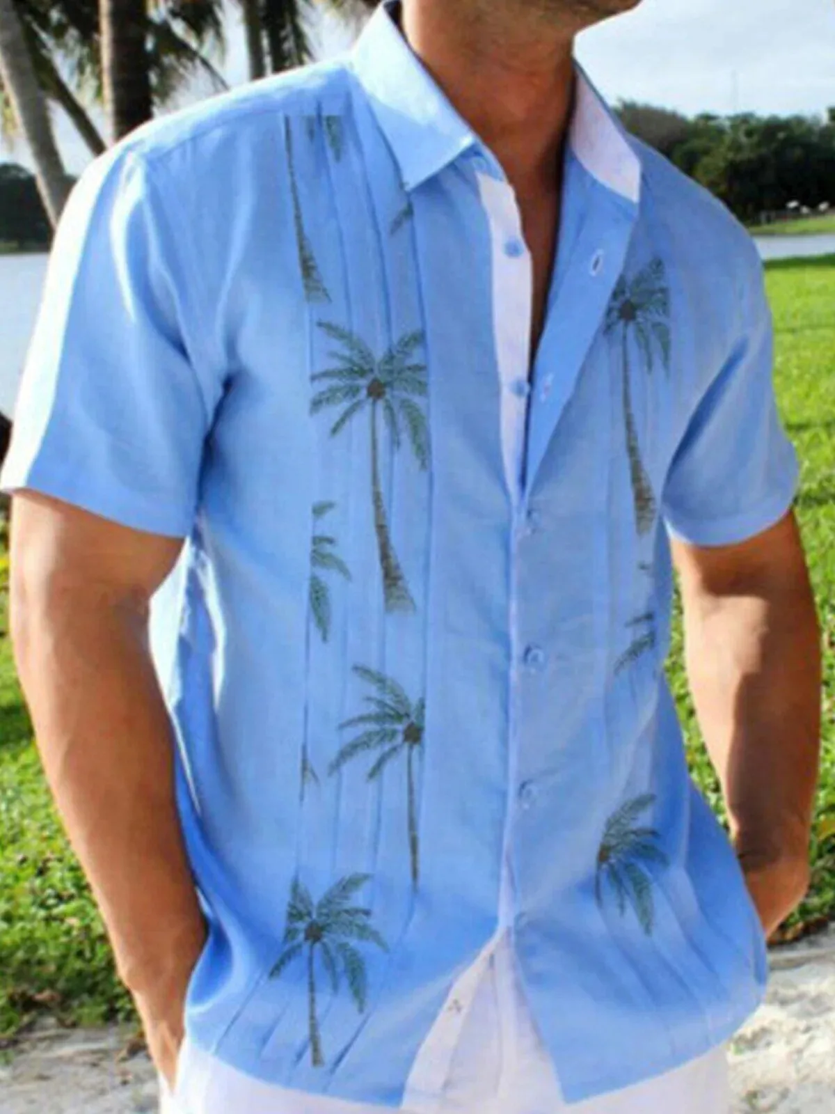 Men's Blue Palm Tree Guayabera Short Sleeve Button Down Shirt