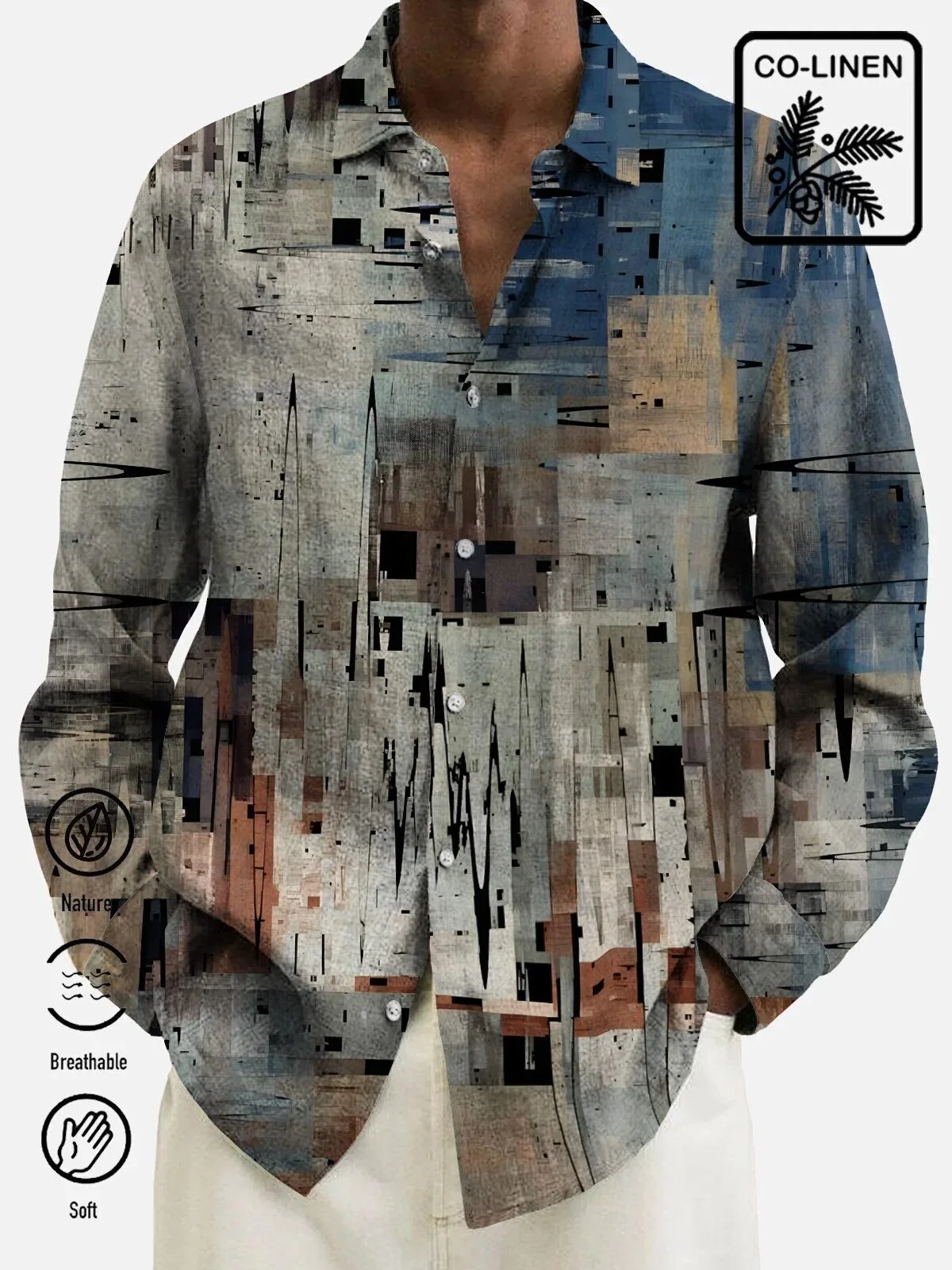 Abstract Texture Natural Fiber Blend Long Sleeve Button Down Shirt