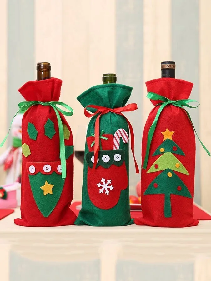 Christmas Holiday Wine Bottle Gift Bag Decoration Set