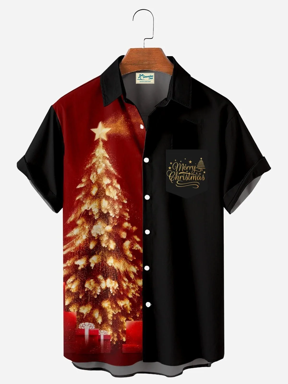 Merry Christmas Golden Tree Red and Black Short Sleeve Hawaiian Shirt