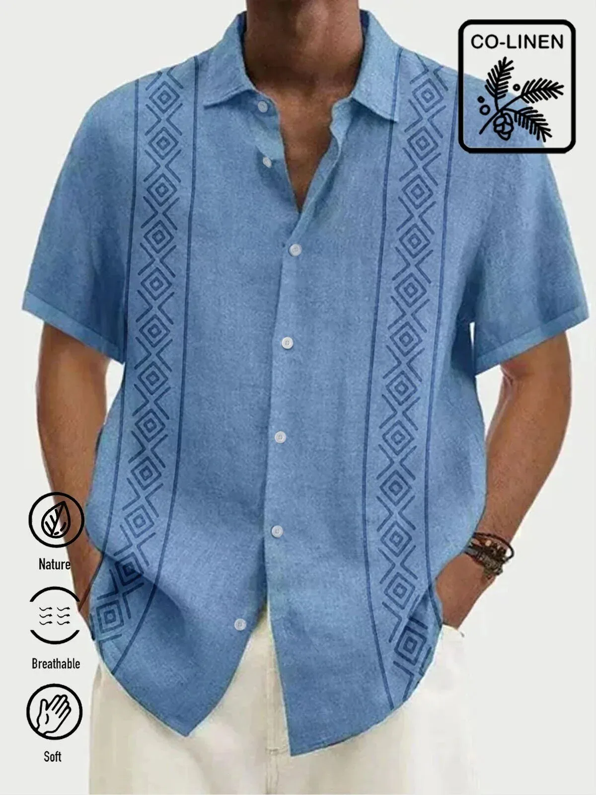Men's Casual Blue Geometric Pattern Short Sleeve Button Down Shirt 2 Men's Casual Blue Geometric Pattern Short Sleeve Button Down Shirt