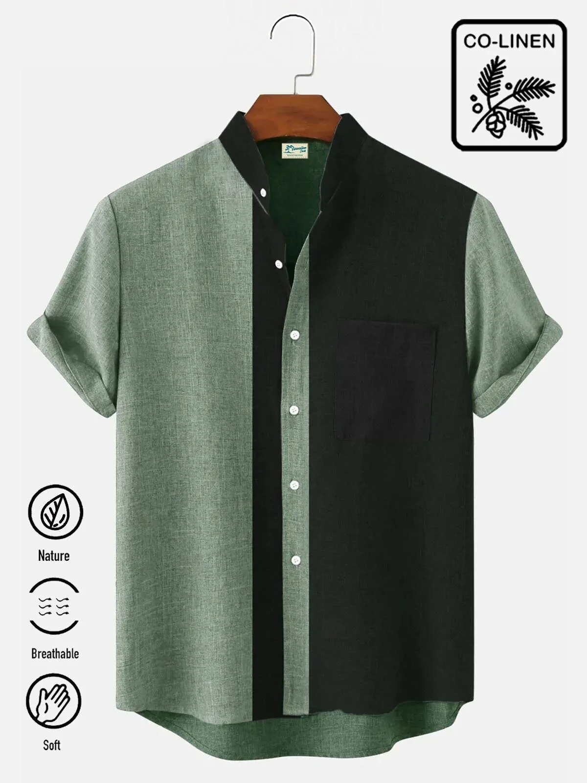 Men's Contrast Striped Stand Collar Natural Fiber Basic Short Sleeve Shirt 1 Men's Contrast Striped Stand Collar Natural Fiber Basic Short Sleeve Shirt