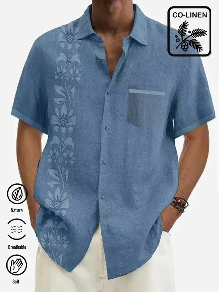 Men's Casual Cotton Linen Floral Print Short Sleeve Button Down Shirt