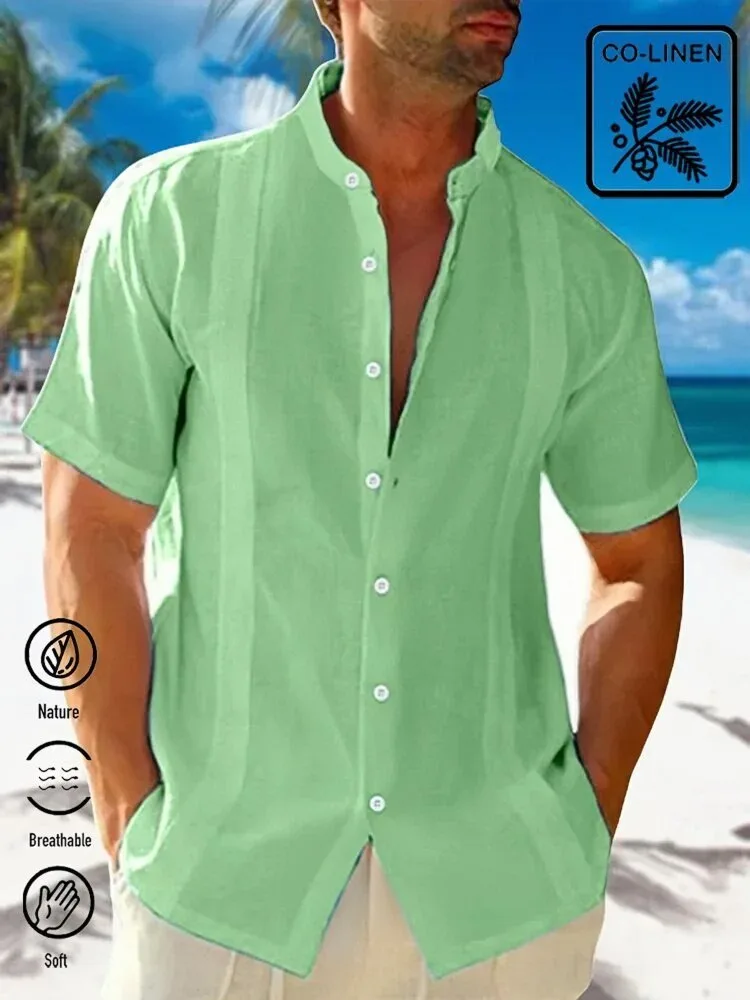 Men's Casual Cotton Linen Breathable Stand Collar Short Sleeve Shirt